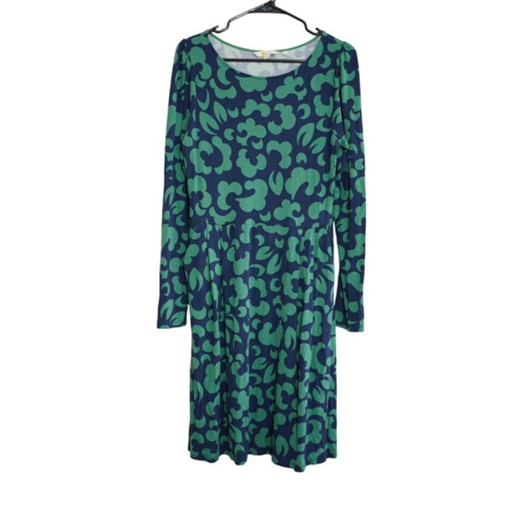 Boden Long Sleeve Pocket Dress Navy & Green Abstract Floral Jersey Modest Career